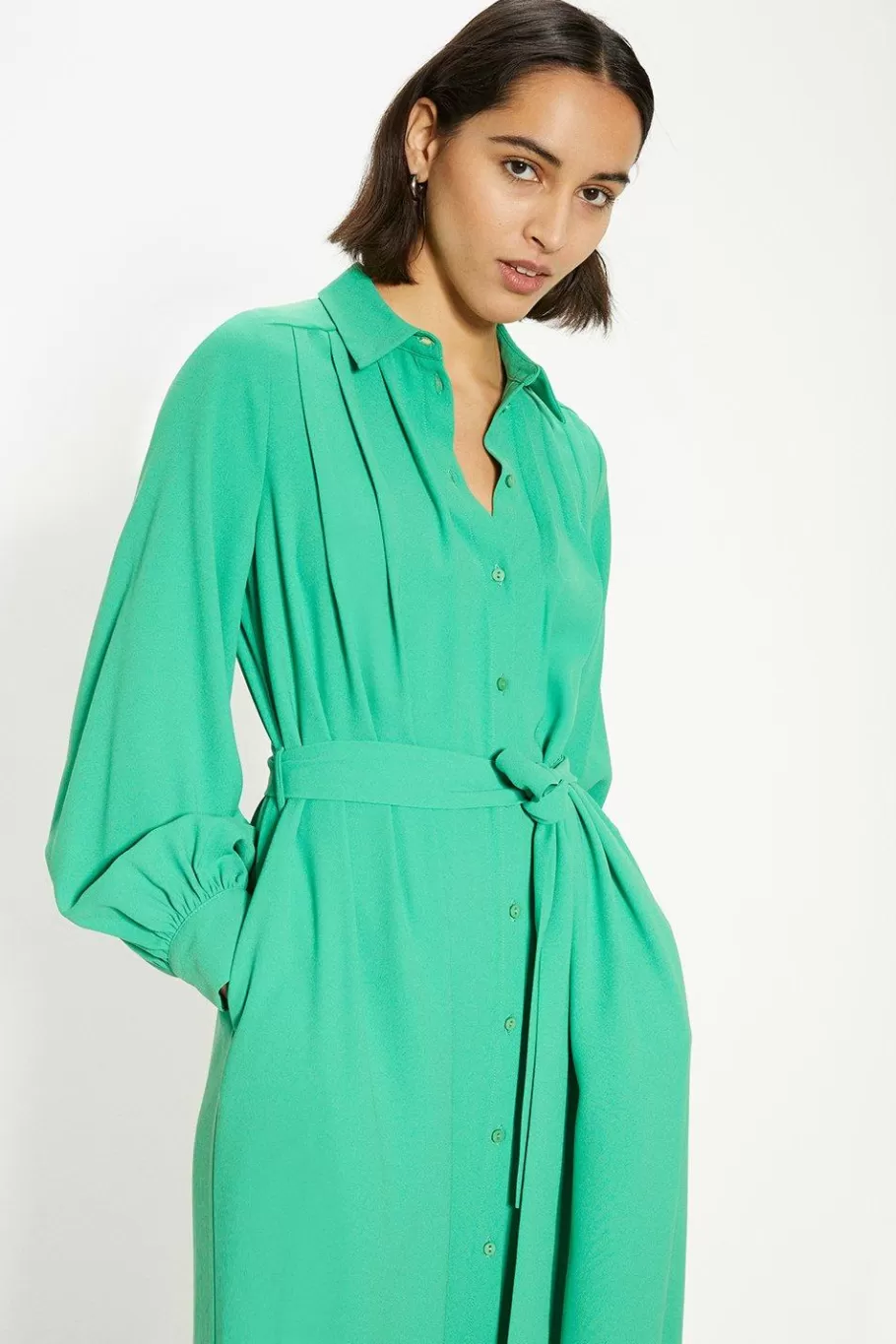 Oasis Crepe Pin-Tuck Belted Shirt Dress Green Sale