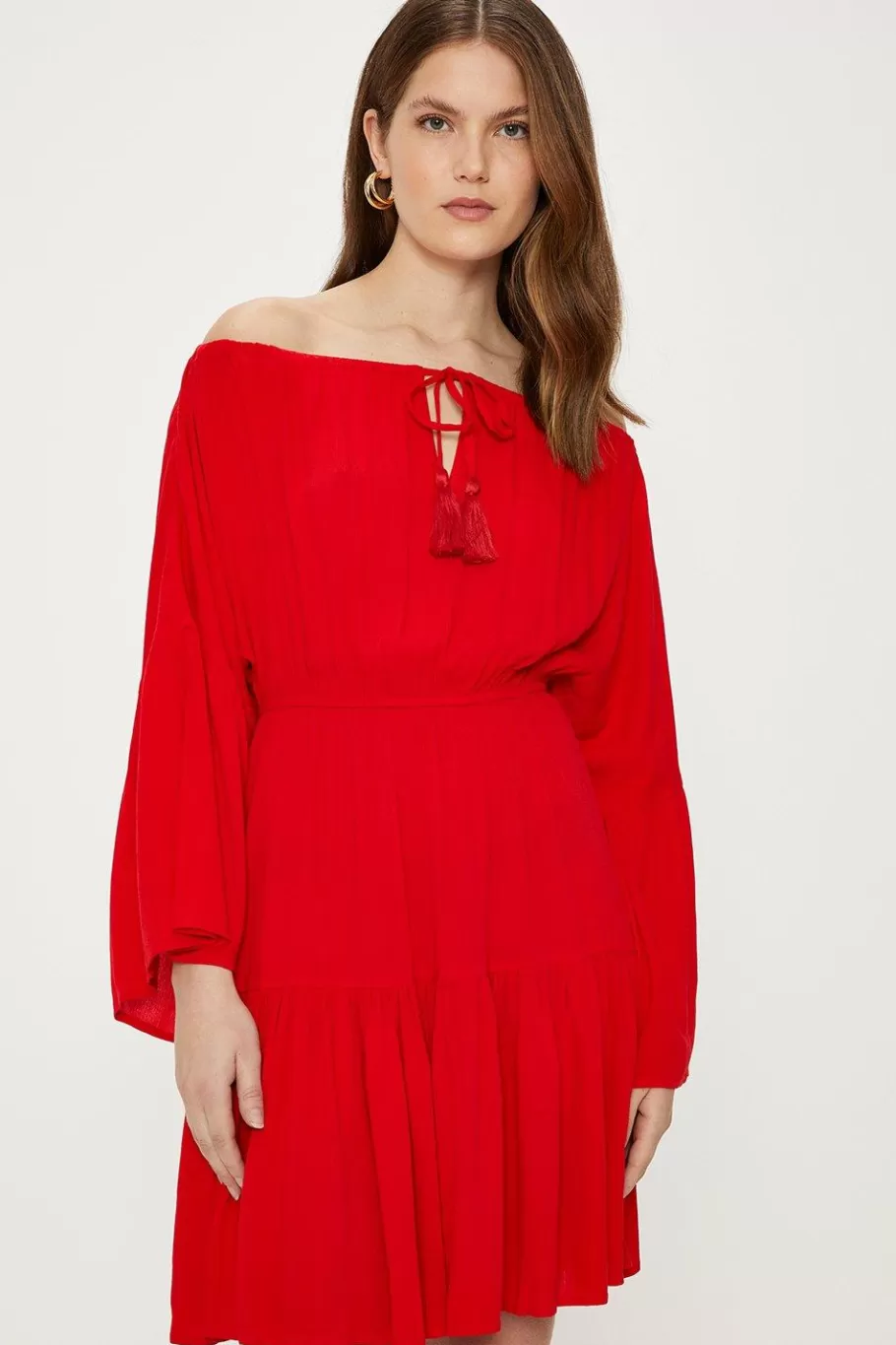 Oasis Crinkle Bardot Dress Red Cheap