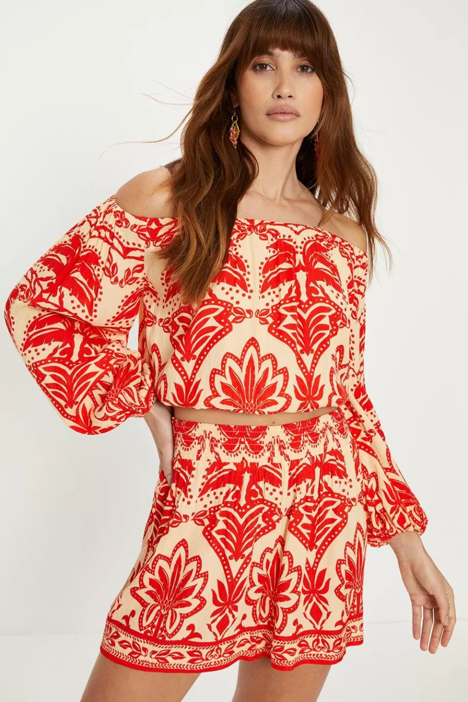 Oasis Crinkle Paisley Palm Bardot Top Red Discount