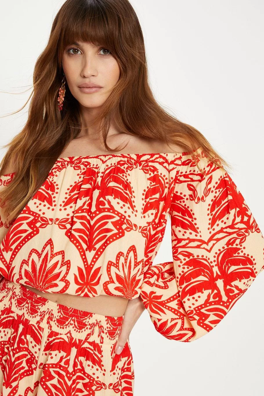 Oasis Crinkle Paisley Palm Bardot Top Red Discount