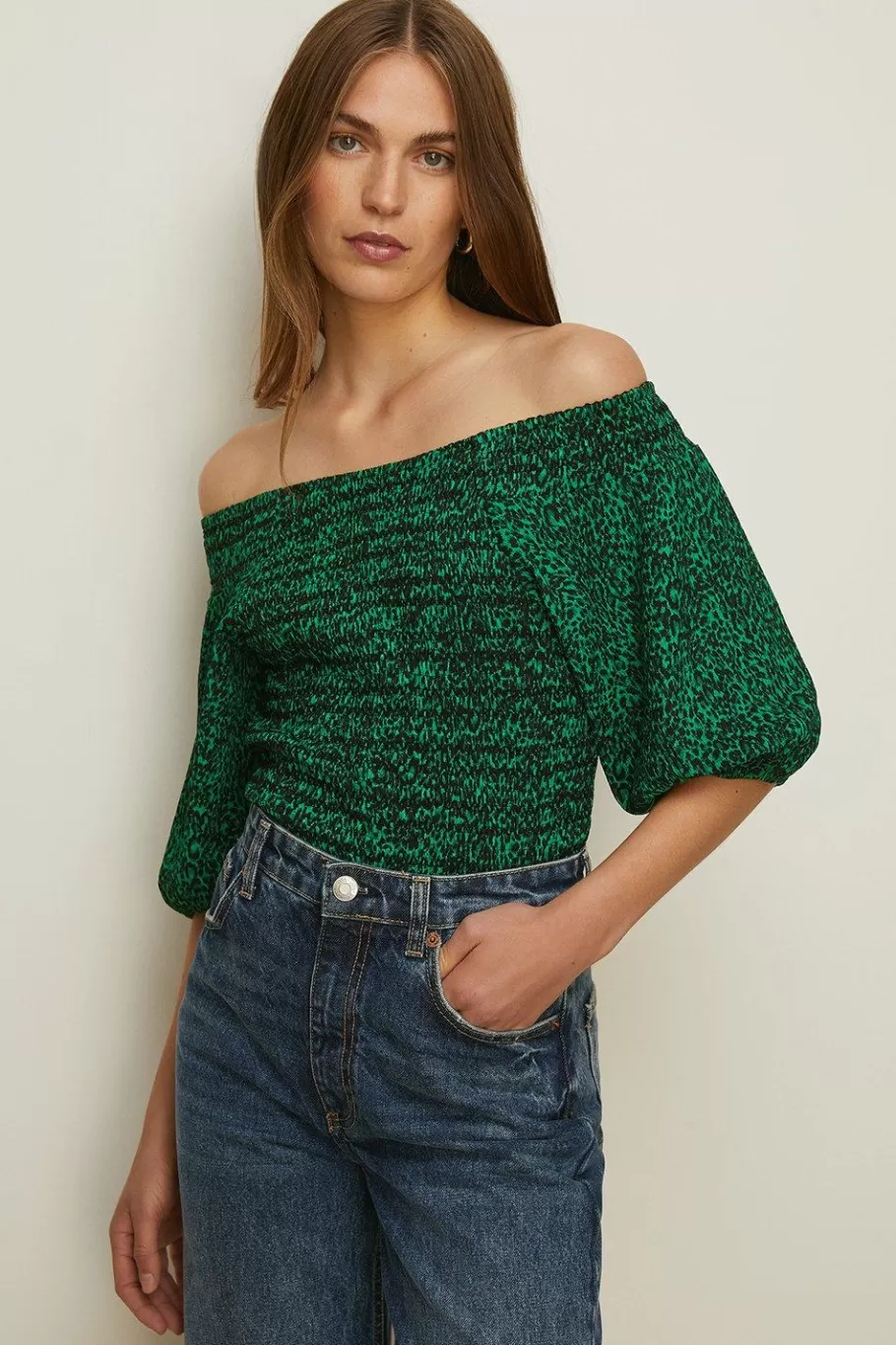 Oasis Crinkle Printed Shirred Bardot Top Green Online