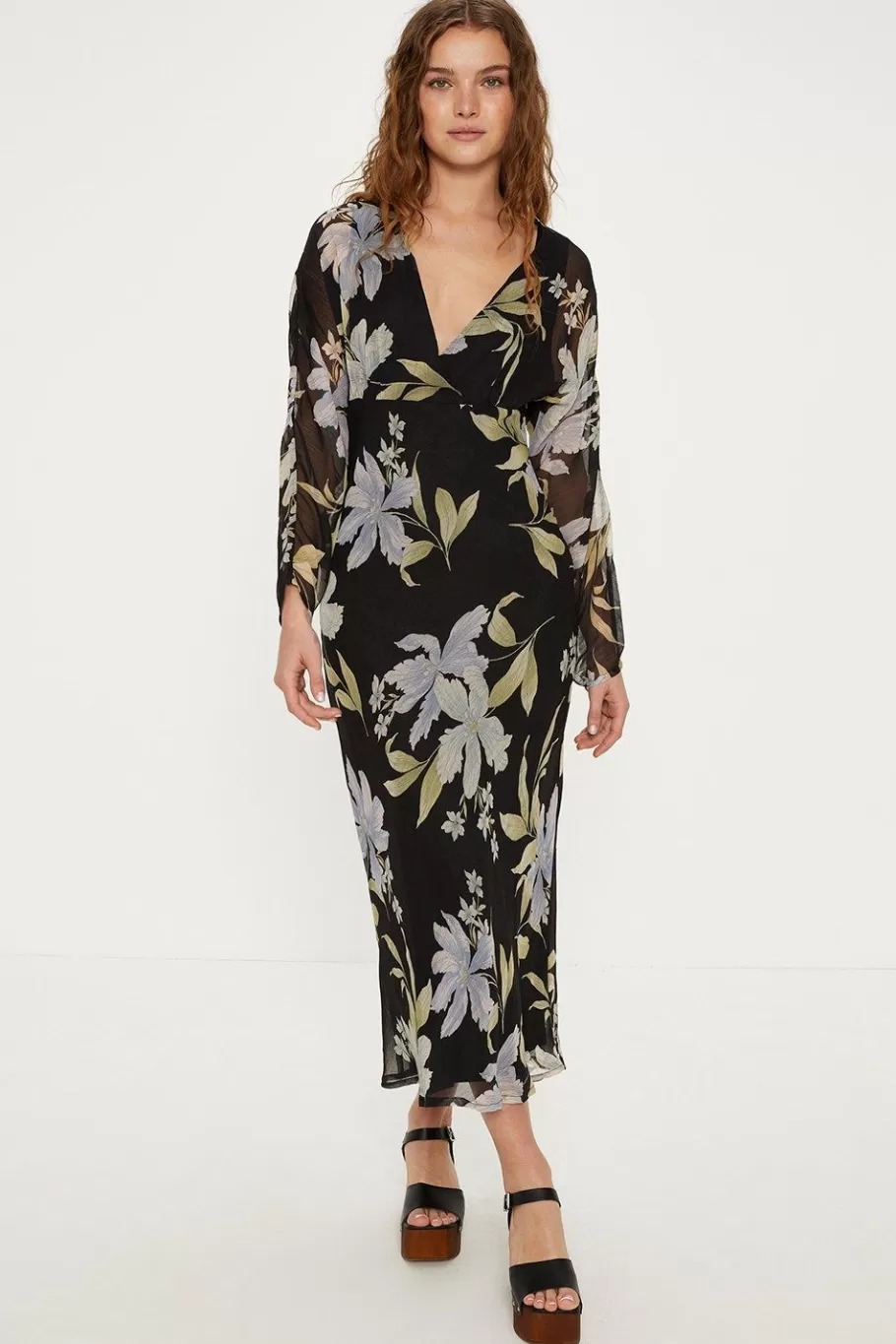 Oasis Crinkle Soft Floral Printed Midi Dress Black Best Sale