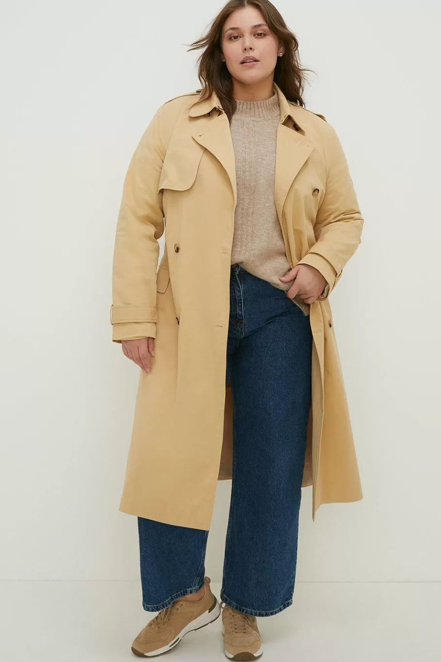 Oasis Curve Belted Button Detail Trench Coat Beige Discount