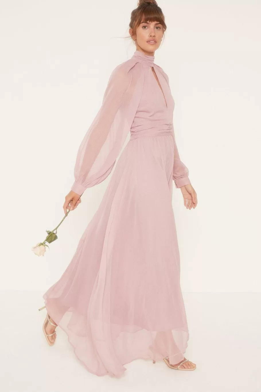 Oasis Cut Out Balloon Sleeve Chiffon Maxi Dress Mauve New