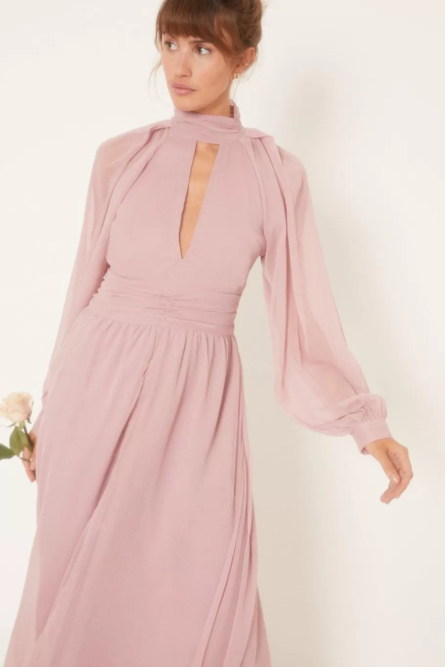 Oasis Cut Out Balloon Sleeve Chiffon Maxi Dress Mauve New