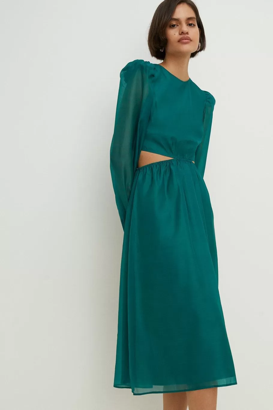 Oasis Cut Out Blouson Organza Midi Dress Green Hot