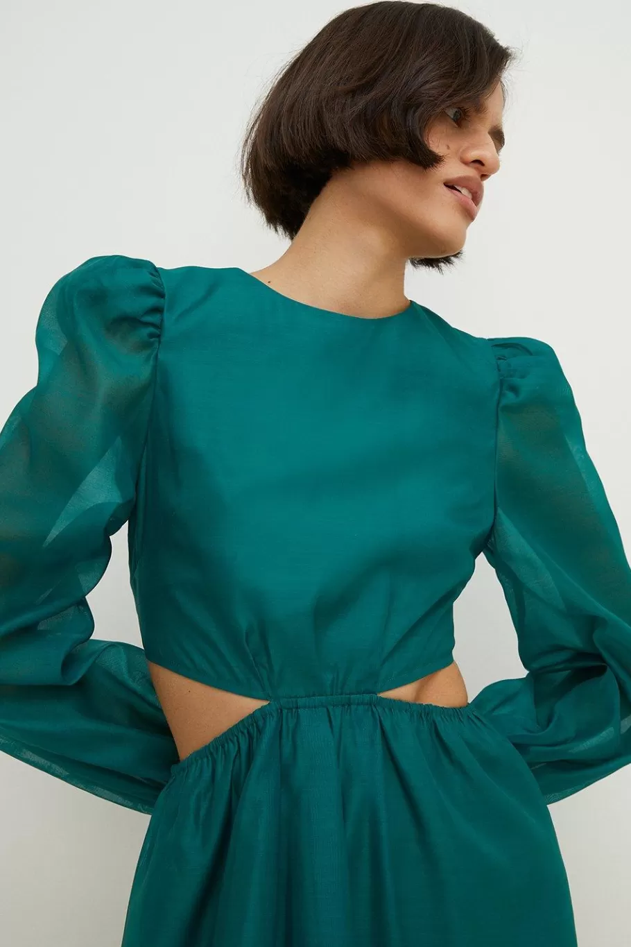 Oasis Cut Out Blouson Organza Midi Dress Green Hot