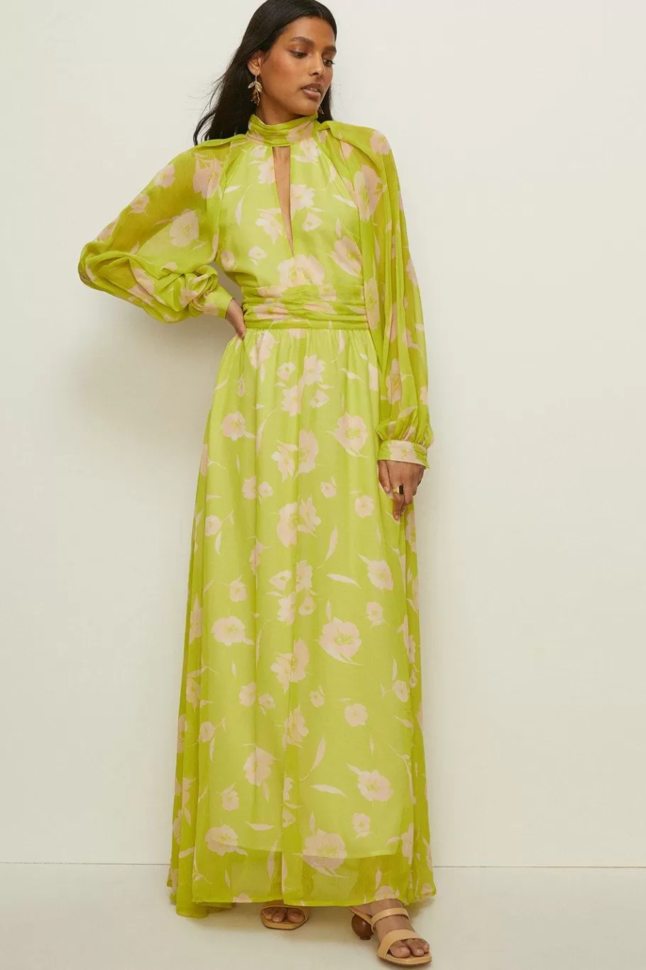 Oasis Cut Out Chiffon Balloon Sleeve Maxi Dress Chartreuse Fashion