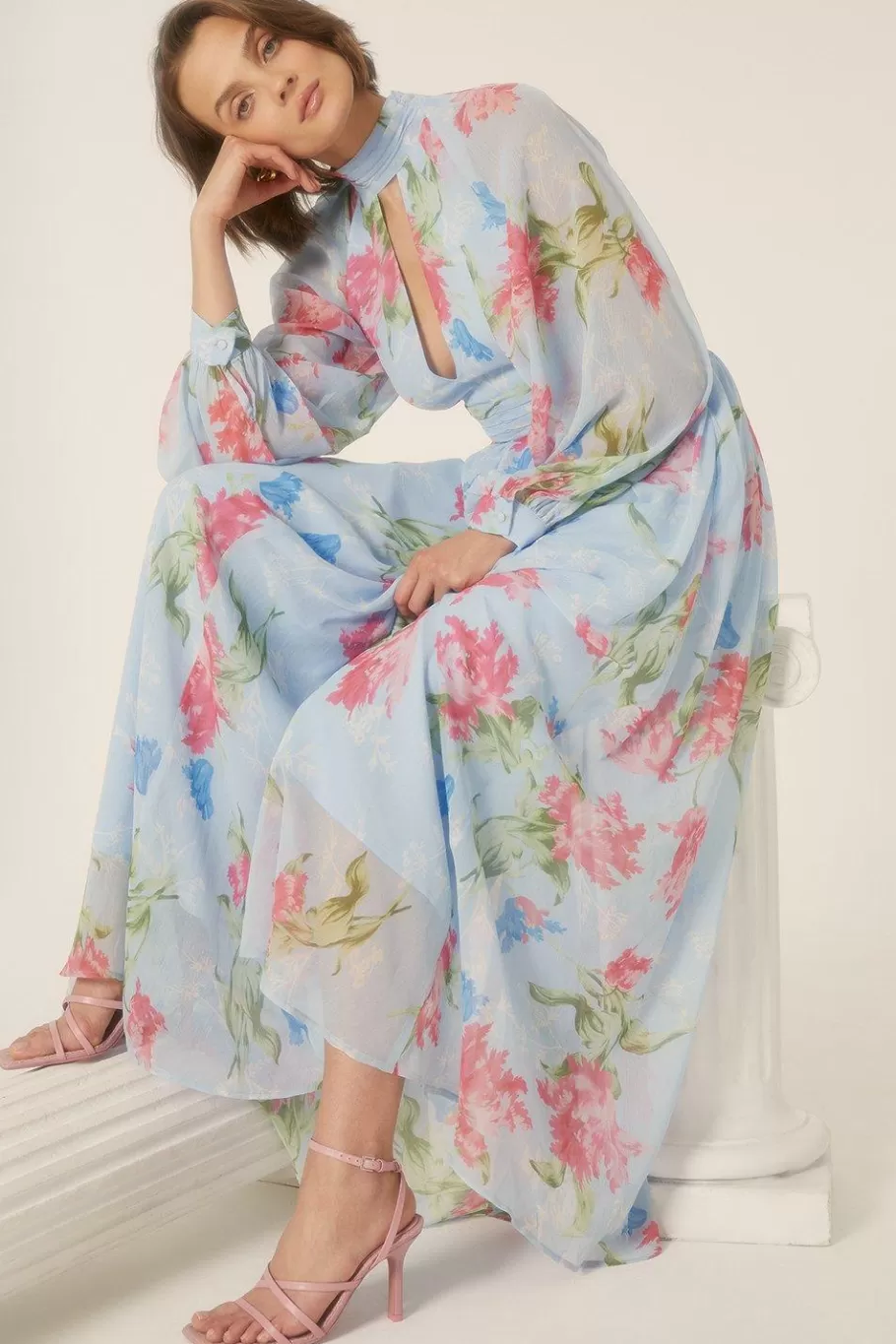 Oasis Cut Out Chiffon Balloon Sleeve Maxi Dress Blue Outlet