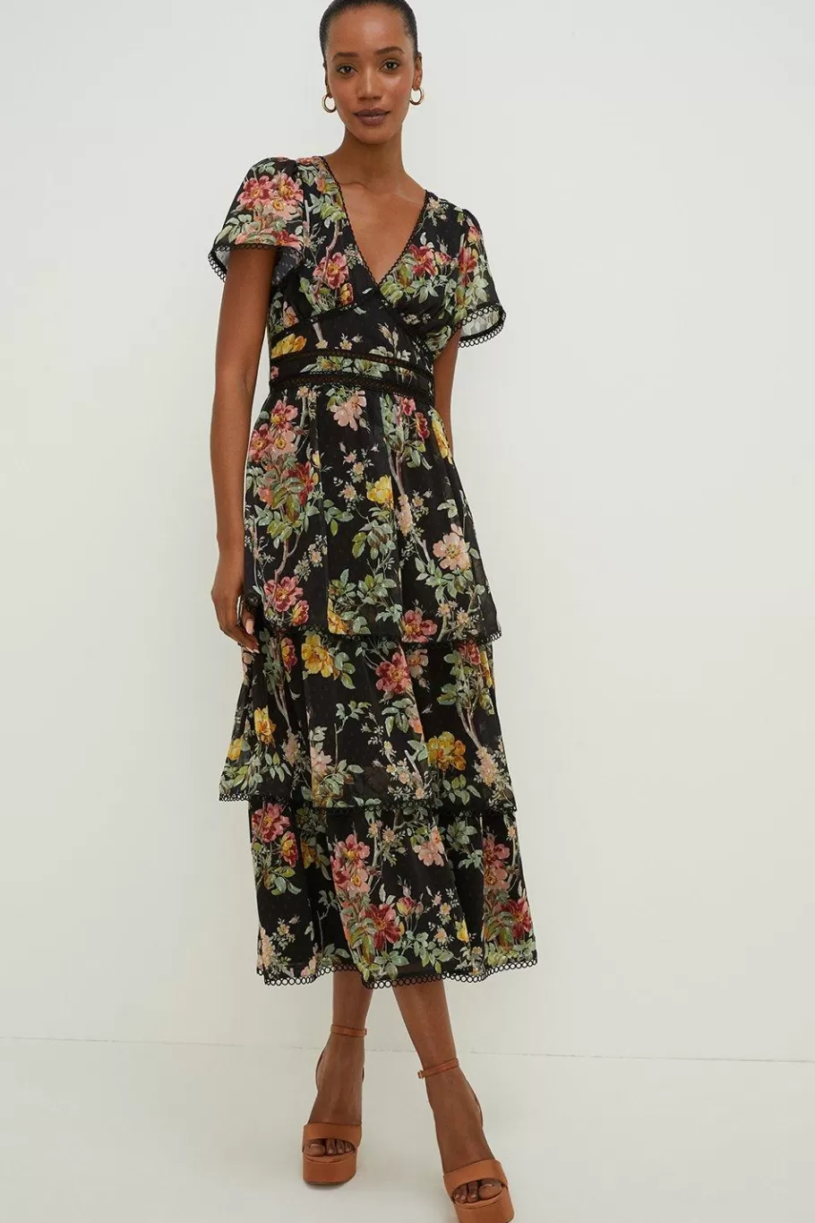 Oasis Dark Floral Dobby Tiered V Neck Midi Dress Black Discount