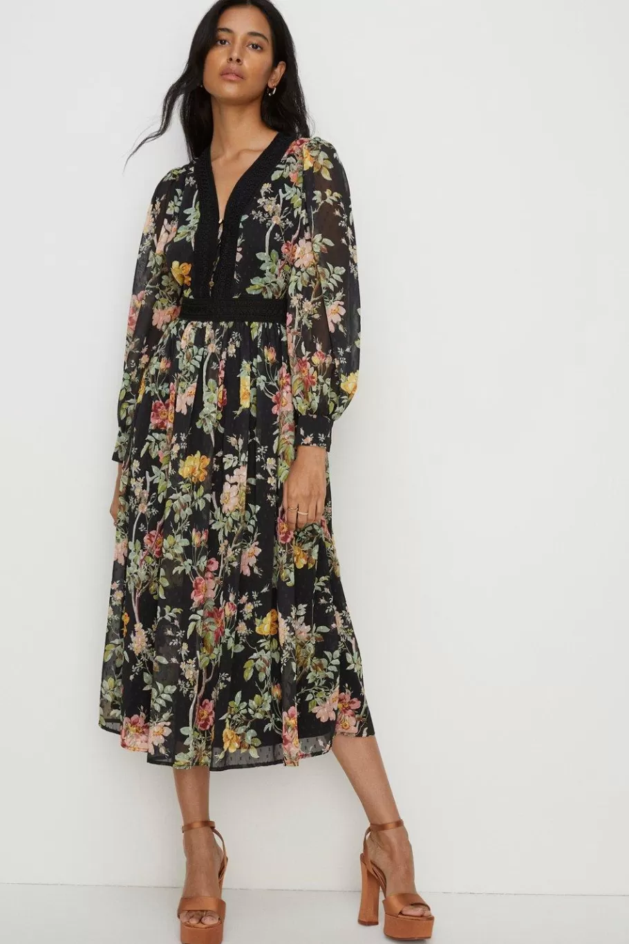 Oasis Dark Floral Lace Dobby V Neck Midi Dress Black Sale