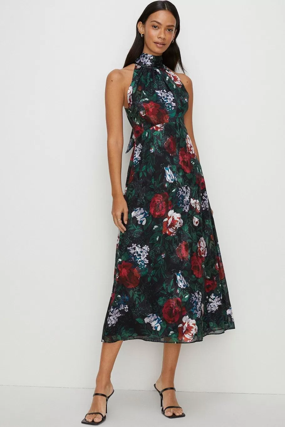 Oasis Dark Floral Satin Burnout Halter Midi Dress Black Clearance