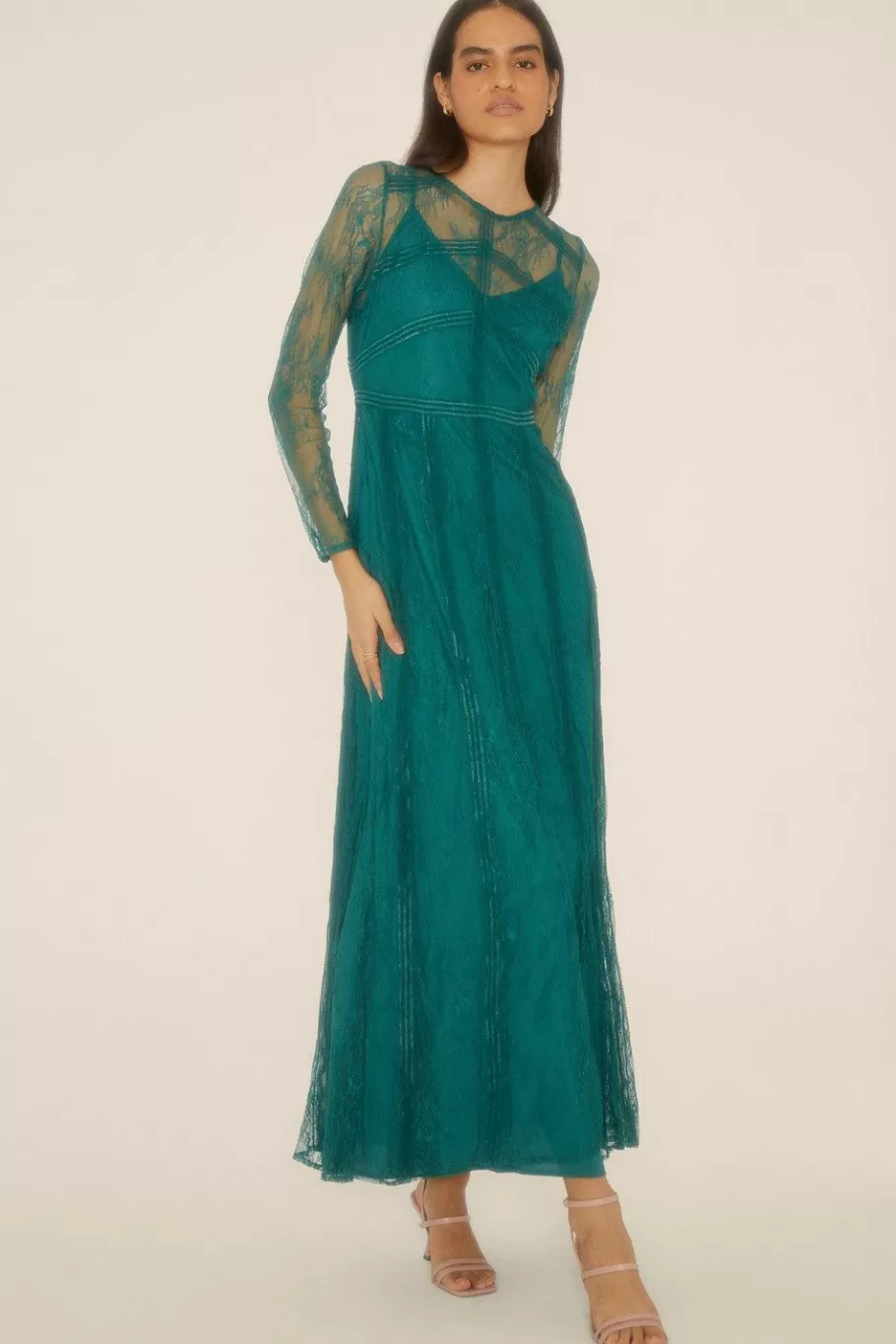 Oasis Delicate Lace Long Sleeve Maxi Dress Emerald Cheap