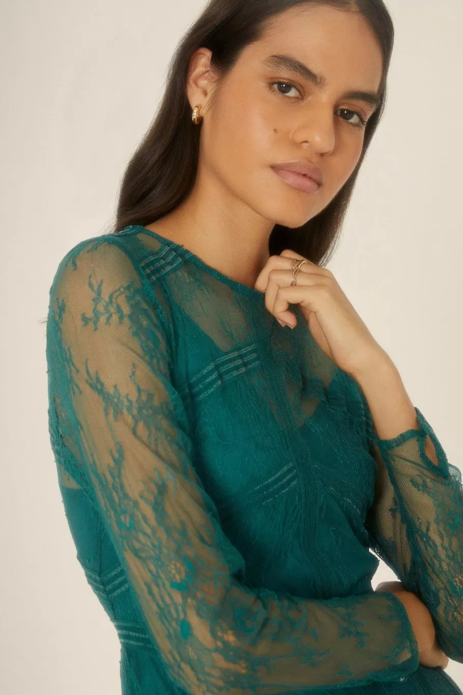 Oasis Delicate Lace Long Sleeve Maxi Dress Emerald Cheap