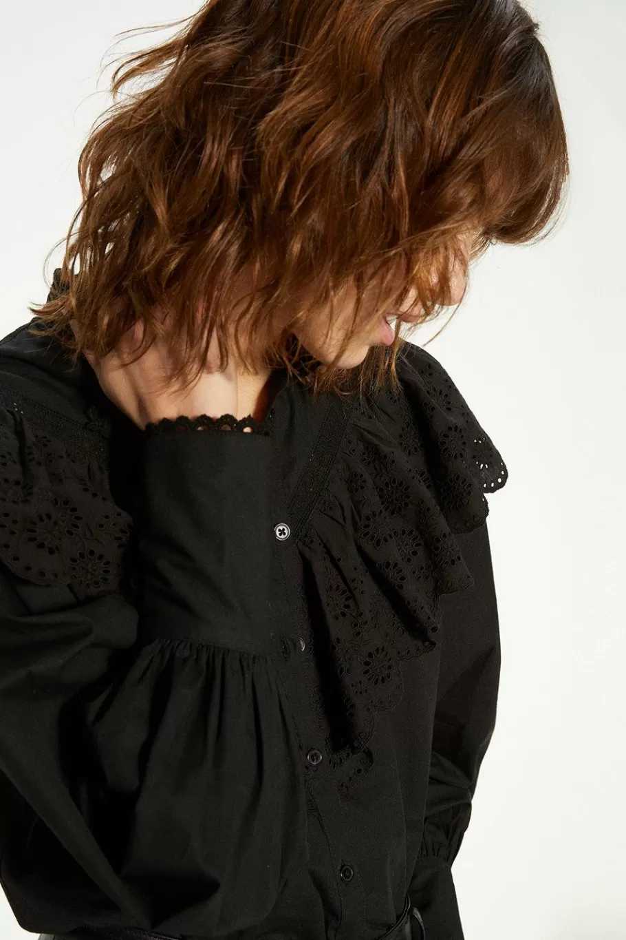 Oasis Detailed Broderie Lace Trim Ruffle Blouse Black Store