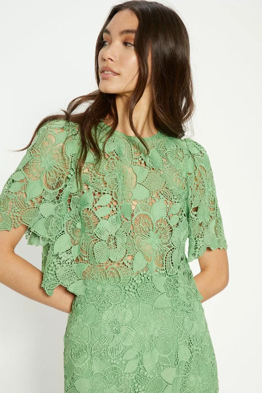 Oasis Detailed Lace Jewel Button Top Green Shop