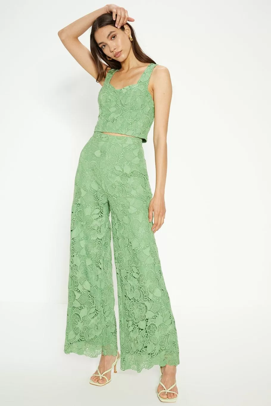 Oasis Detailed Lace Wide Leg Trouser Green Clearance