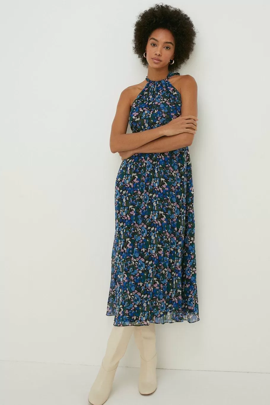 Oasis Ditsy Chiffon Halter Neck Pleated Maxi Dress Blue Discount