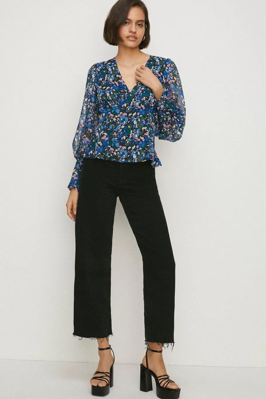 Oasis Ditsy Chiffon Long Sleeve Top Blue Fashion