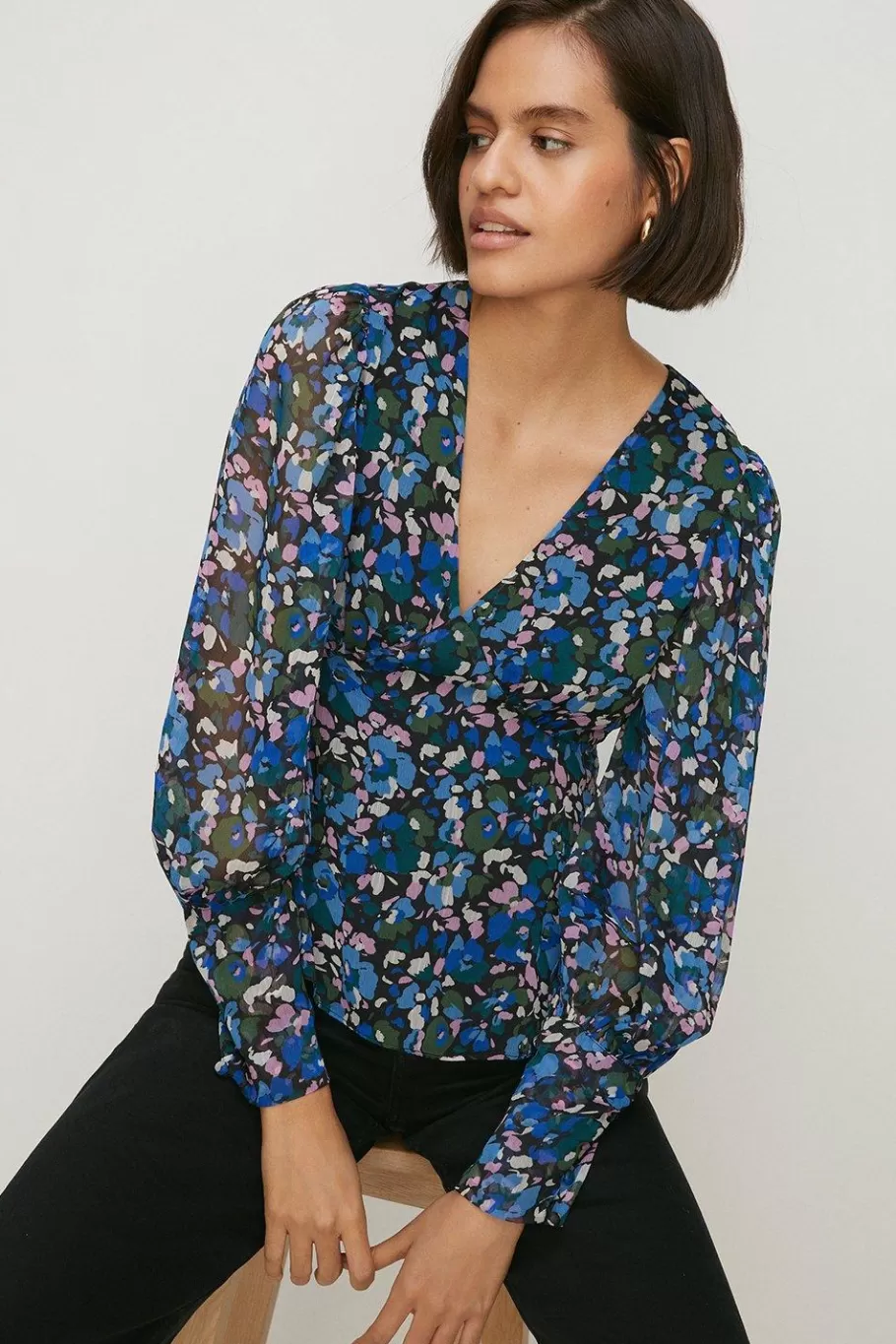 Oasis Ditsy Chiffon Long Sleeve Top Blue Fashion