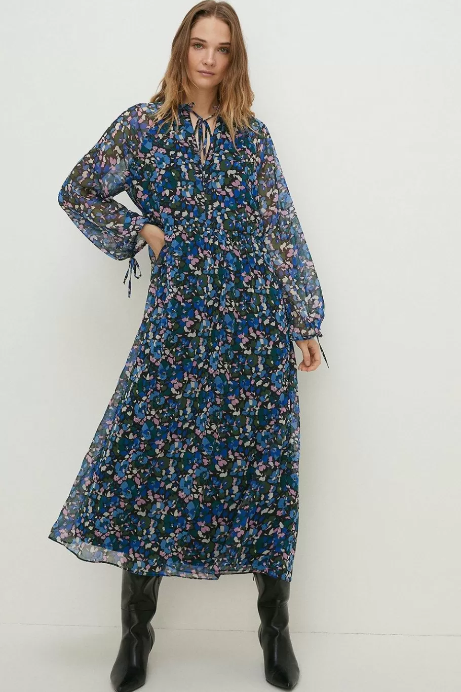 Oasis Ditsy Chiffon Pleated Long Sleeve Midi Dress Blue Clearance