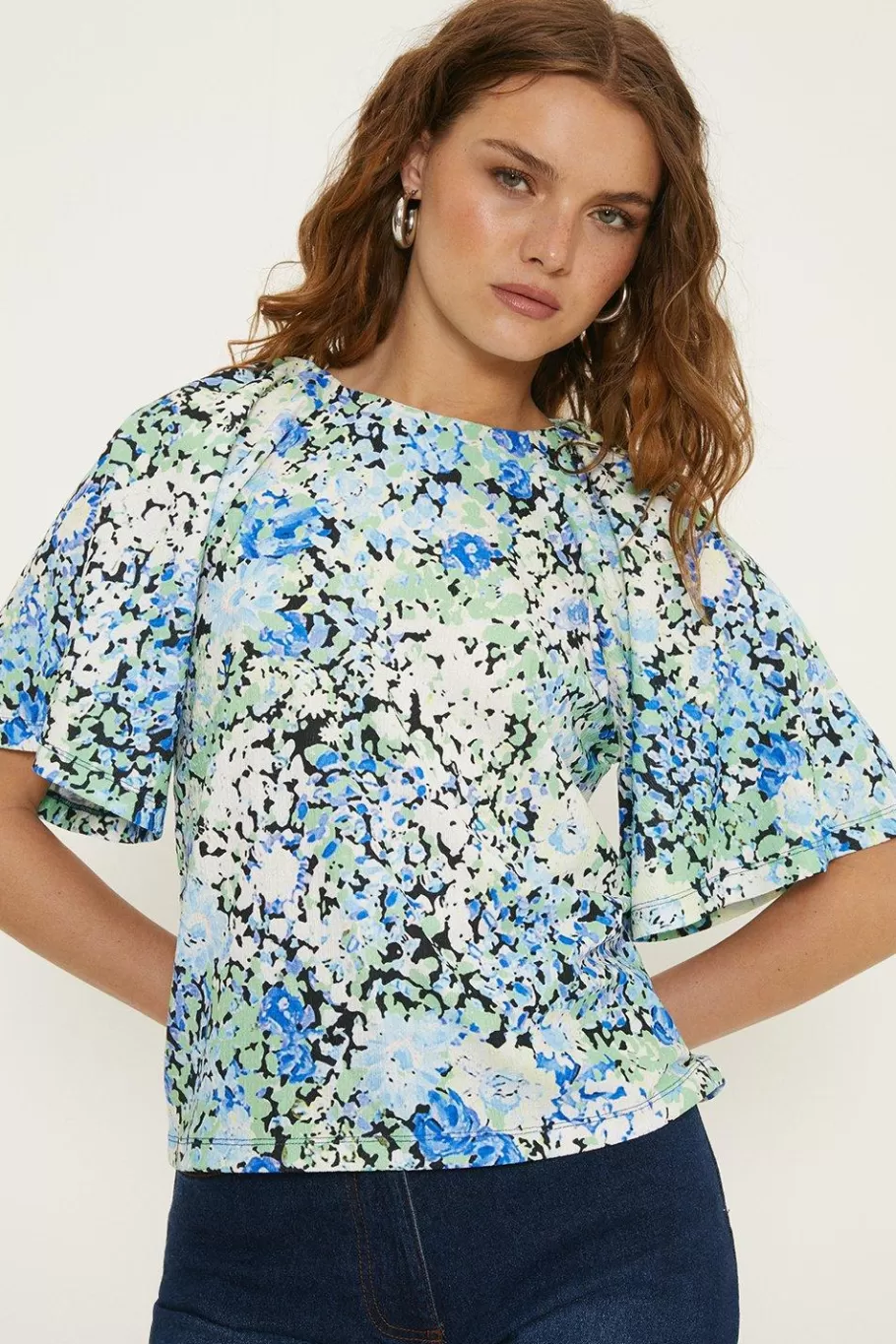 Oasis Ditsy Floral Angel Sleeve Crinkle Top Multi Fashion