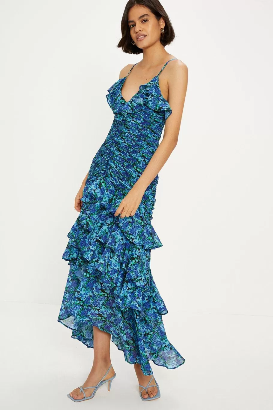 Oasis Ditsy Floral Ruched Ruffle Dip Hem Midi Dress Blue Cheap