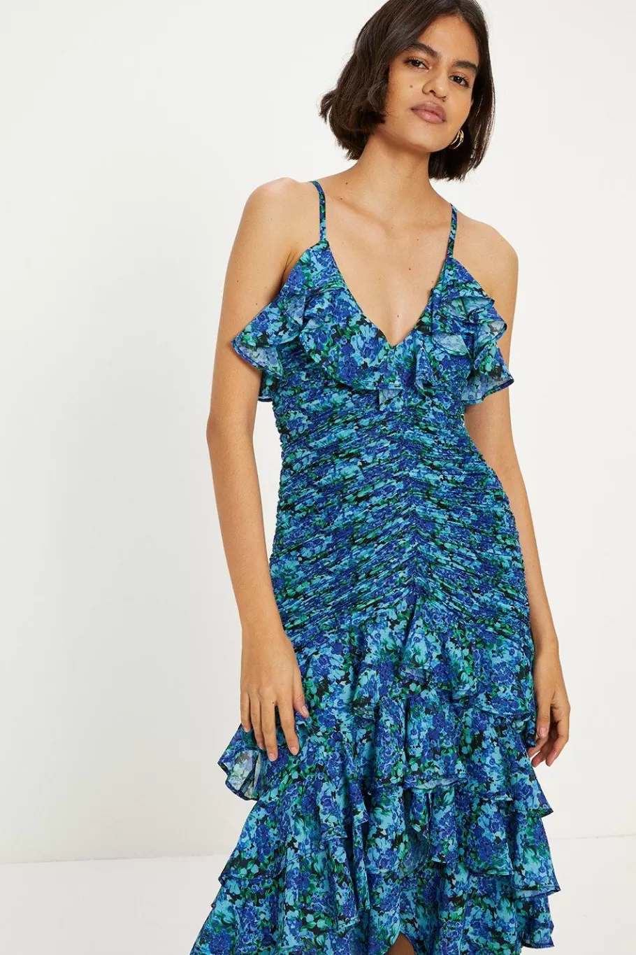 Oasis Ditsy Floral Ruched Ruffle Dip Hem Midi Dress Blue Cheap