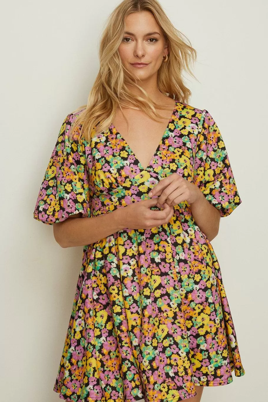 Oasis Ditsy Floral Scuba Puff Sleeve Skater Dress Multi Clearance