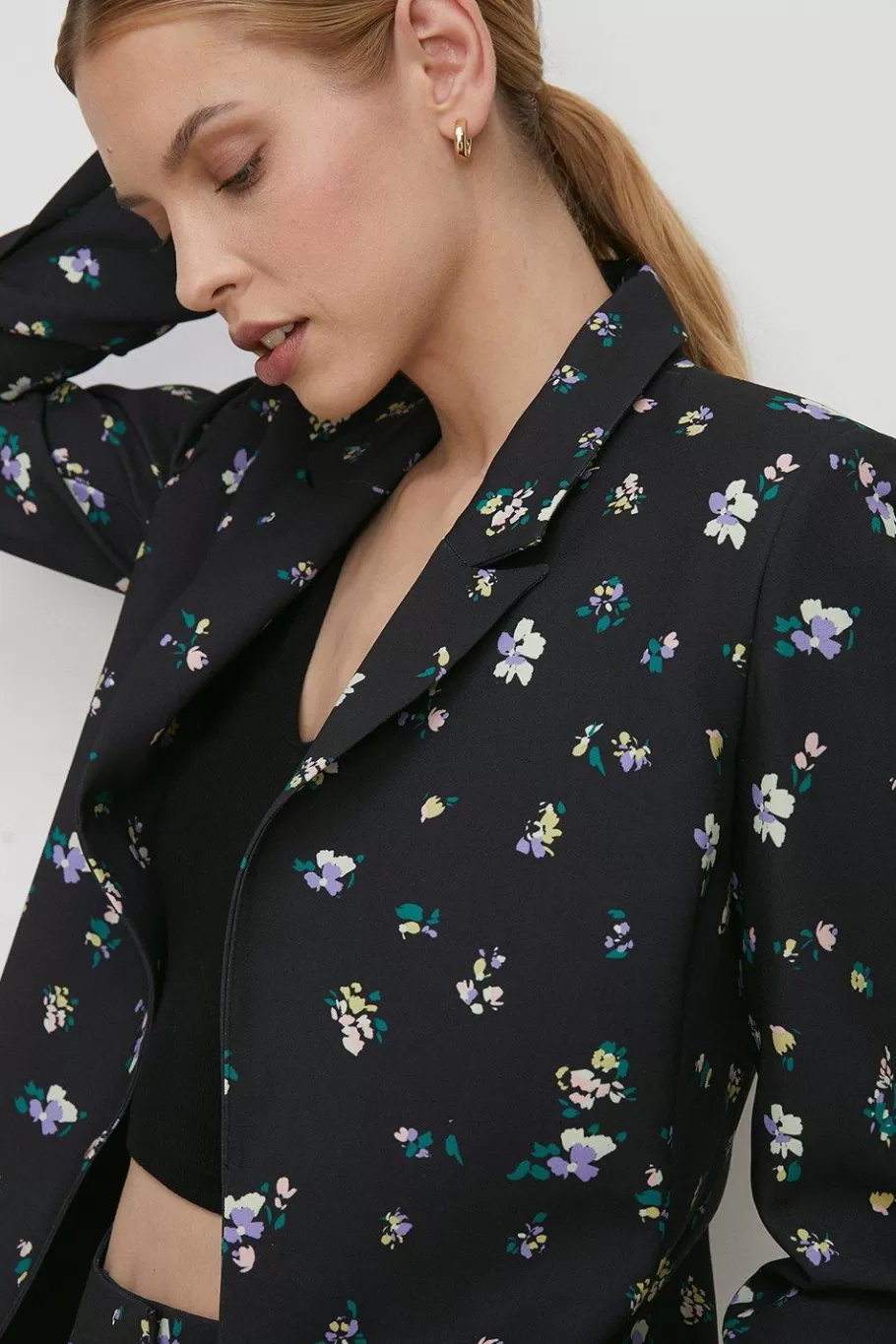 Oasis Ditsy Print Tailored Crepe Longline Blazer Black Outlet