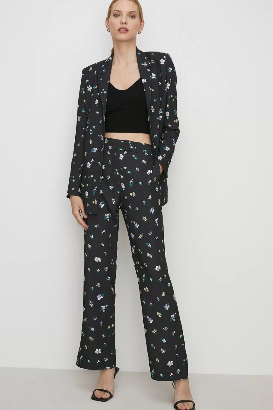 Oasis Ditsy Print Tailored Crepe Longline Blazer Black Outlet