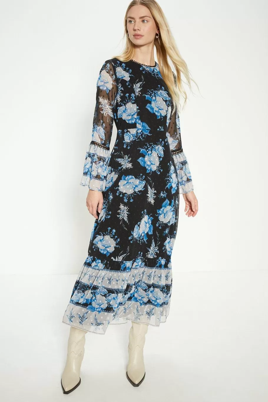 Oasis Dobby Chiffon Blue Midi Dress Floral Cheap