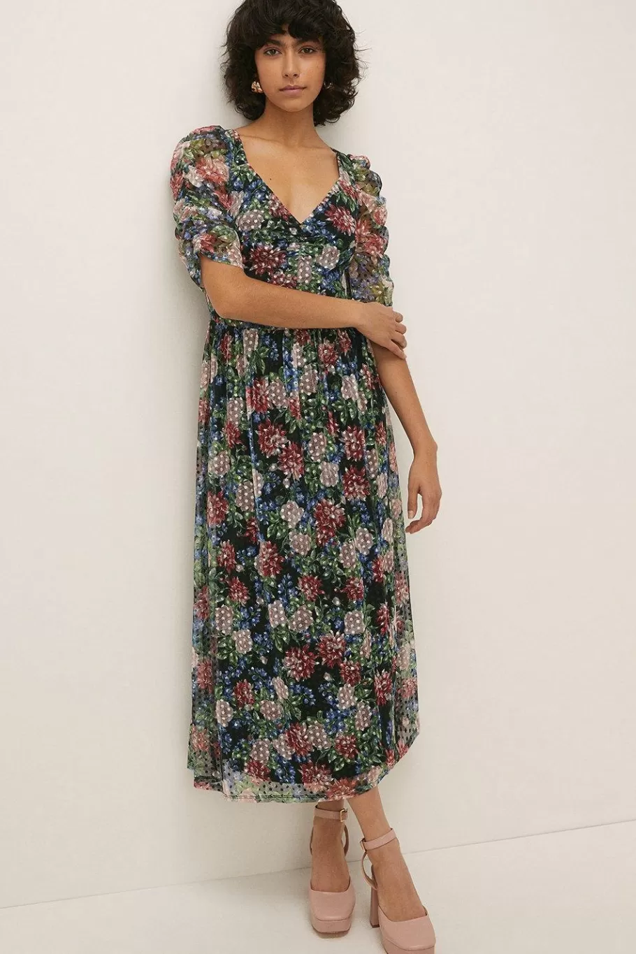 Oasis Dobby Mesh Floral Puff Sleeve Midi Dress Multi Online