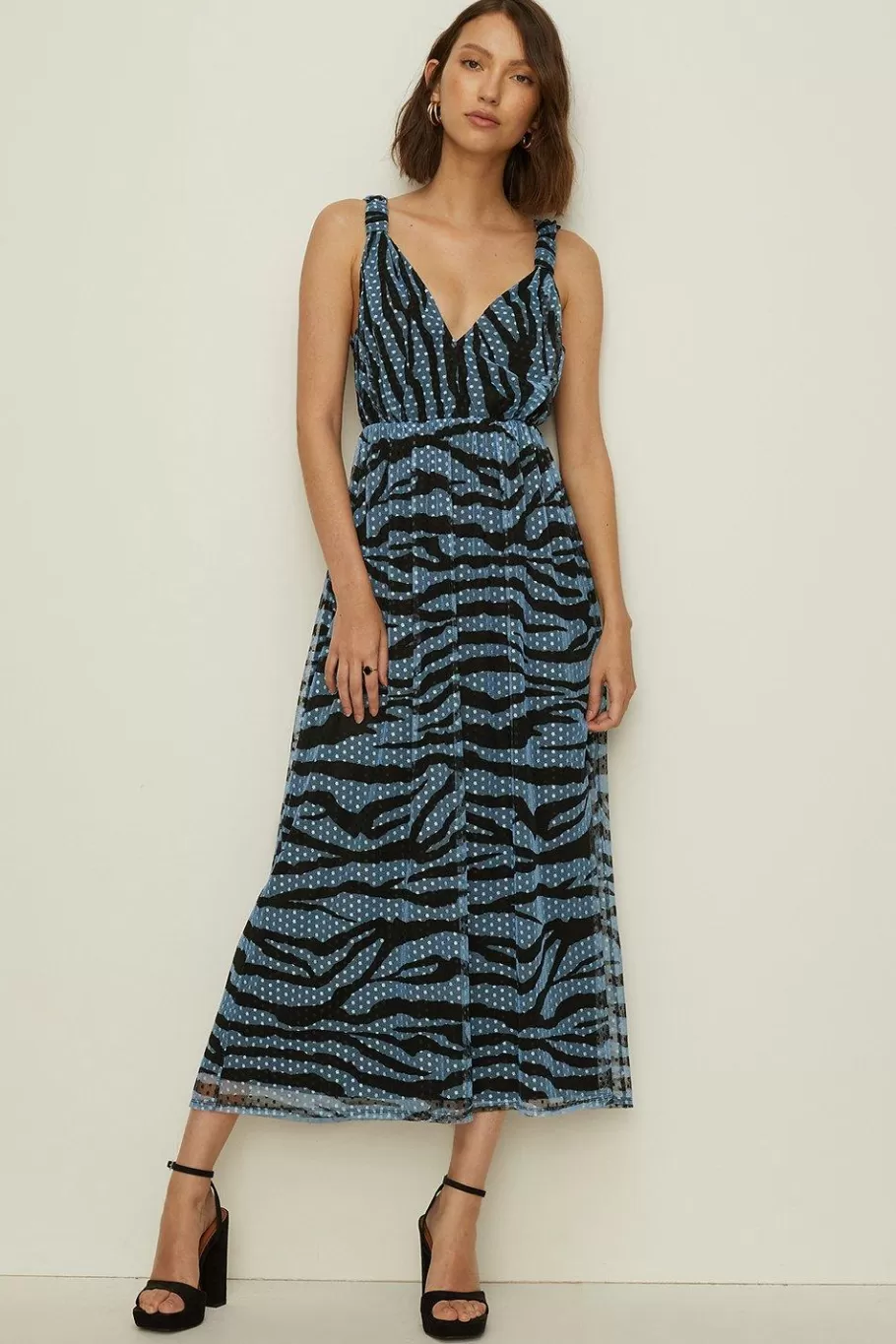 Oasis Dobby Mesh Zebra Knot Strap Midi Dress Blue Cheap