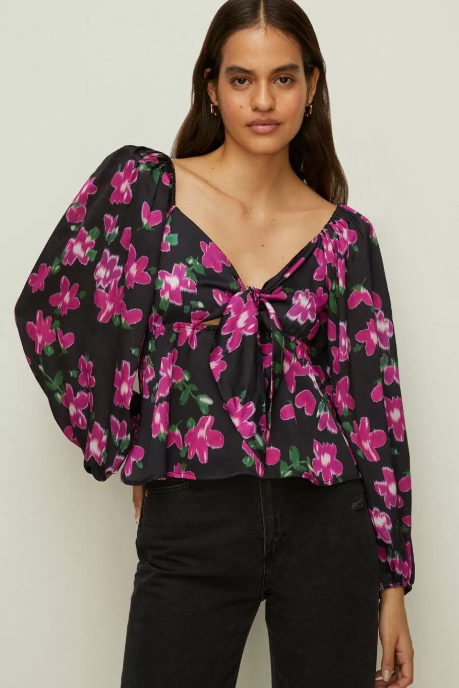 Oasis Dobby Satin Floral Tie Front Top Black Fashion