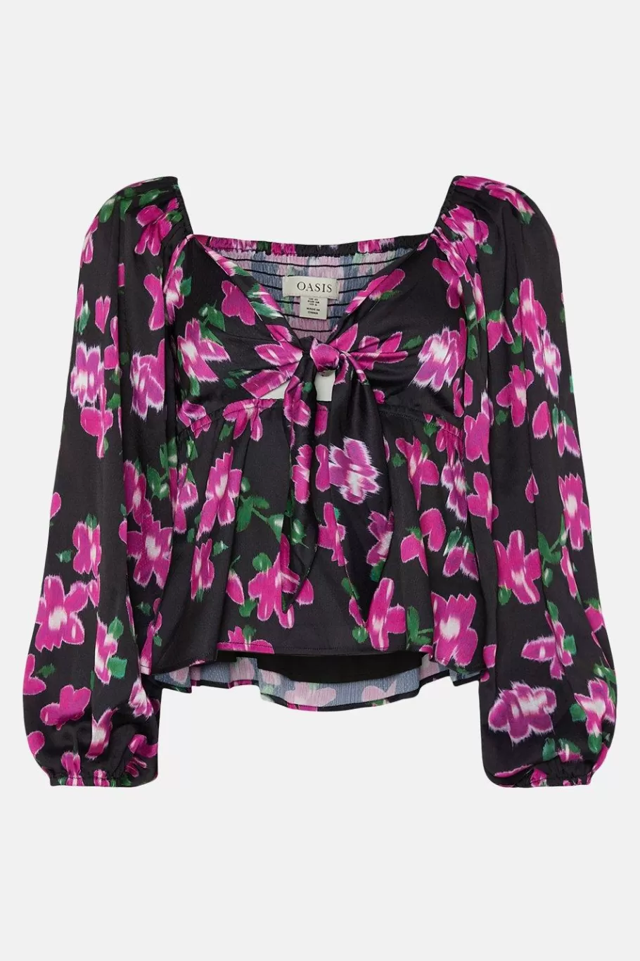 Oasis Dobby Satin Floral Tie Front Top Black Fashion