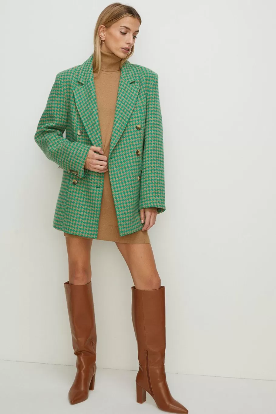 Oasis Double Breasted Houndstooth Check Coat Green Cheap