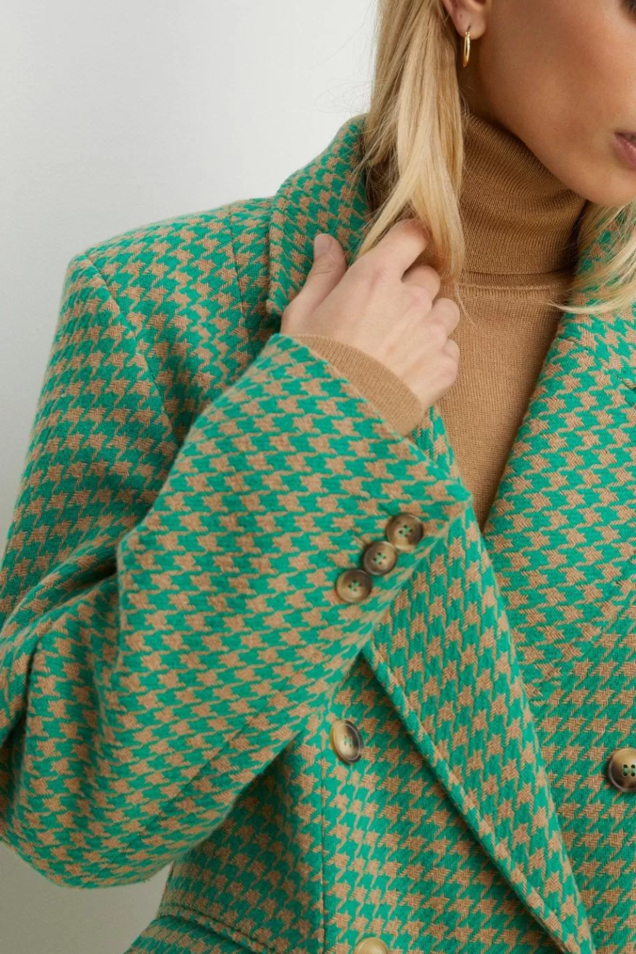 Oasis Double Breasted Houndstooth Check Coat Green Cheap