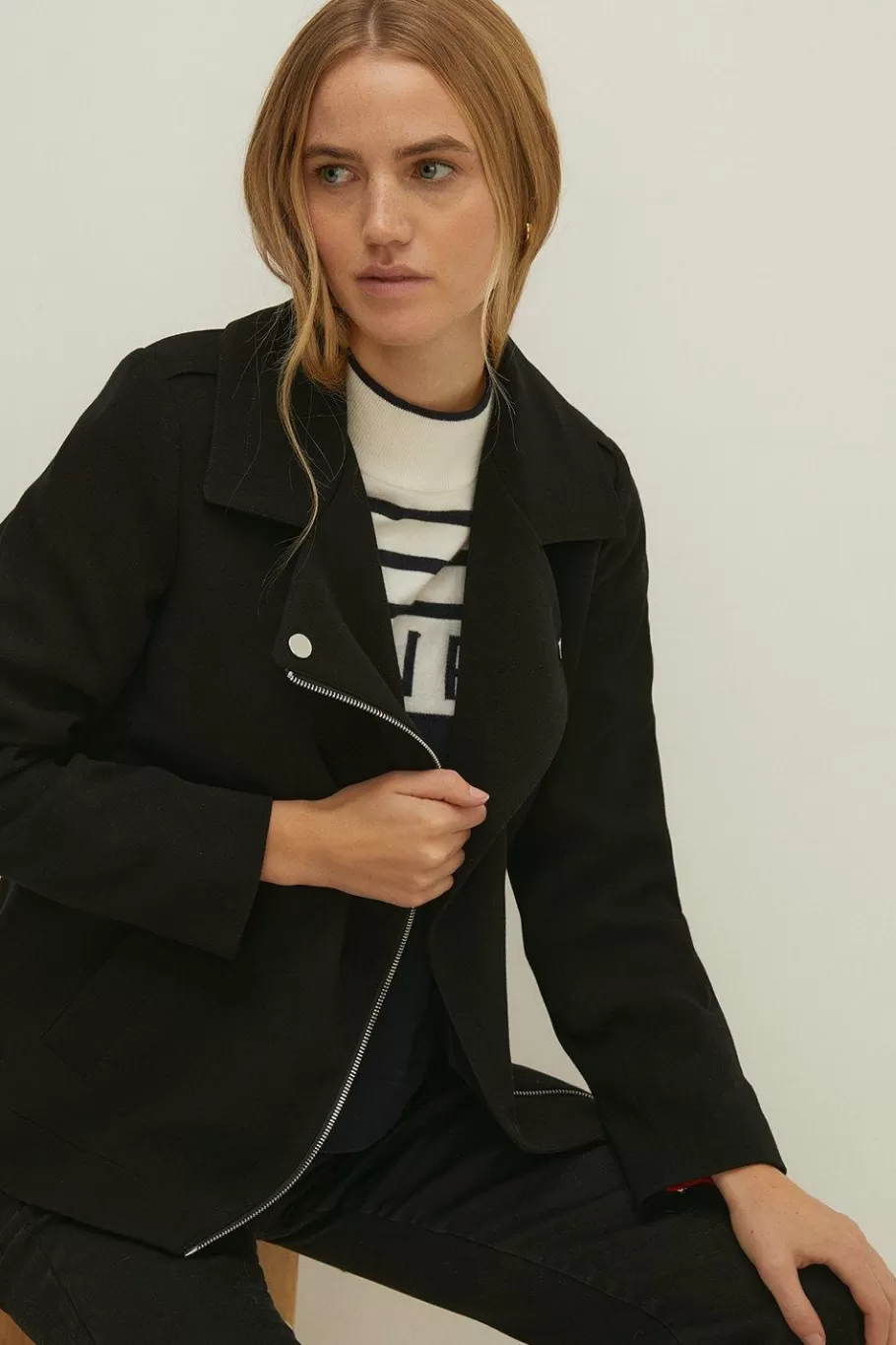 Oasis Double Crepe Biker Coat Black Online