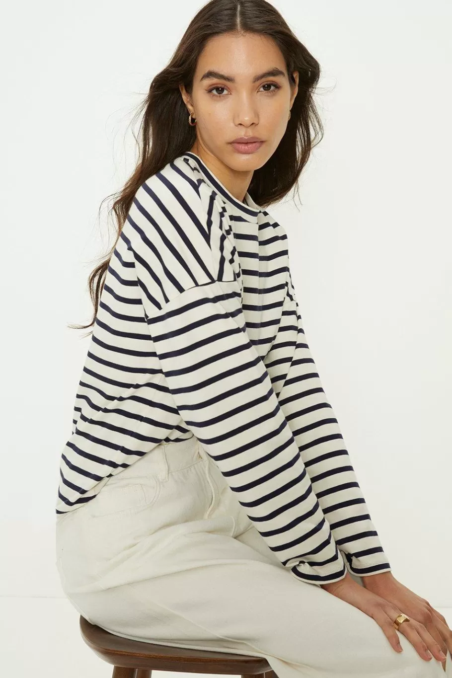 Oasis Drop Shoulder Stripe Long Sleeve Top Navy Hot