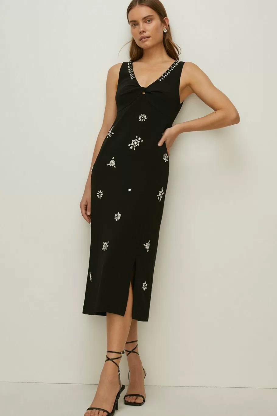 Oasis Embellished Cady Crepe Twist Front Midi Dress Black Clearance