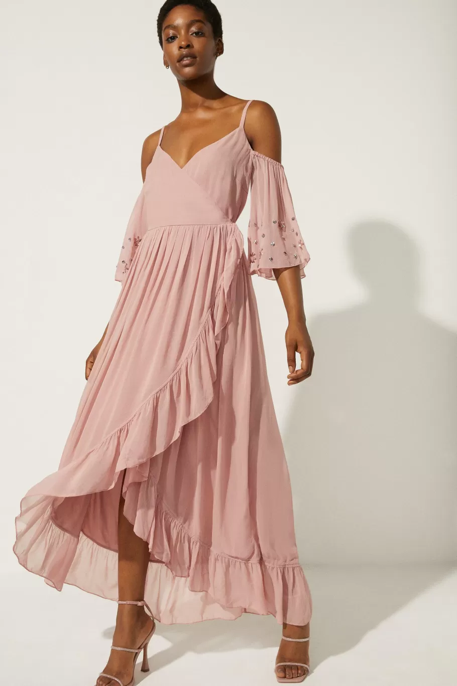 Oasis Embellished Cold Shoulder Wrap Midi Dress Blush Fashion