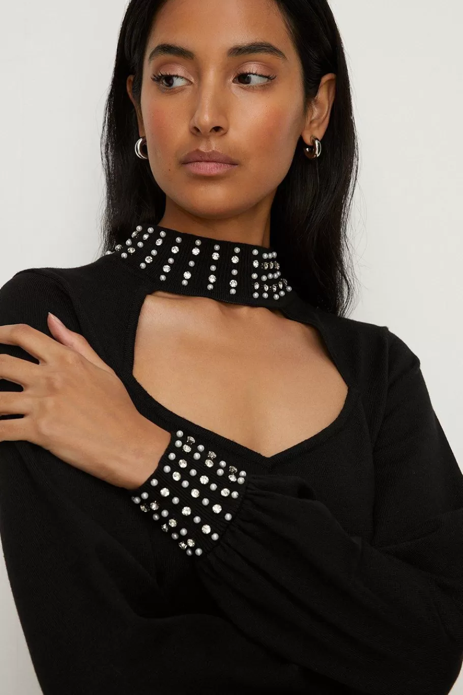 Oasis Embellished Detail Sweetheart Jumper Black Hot