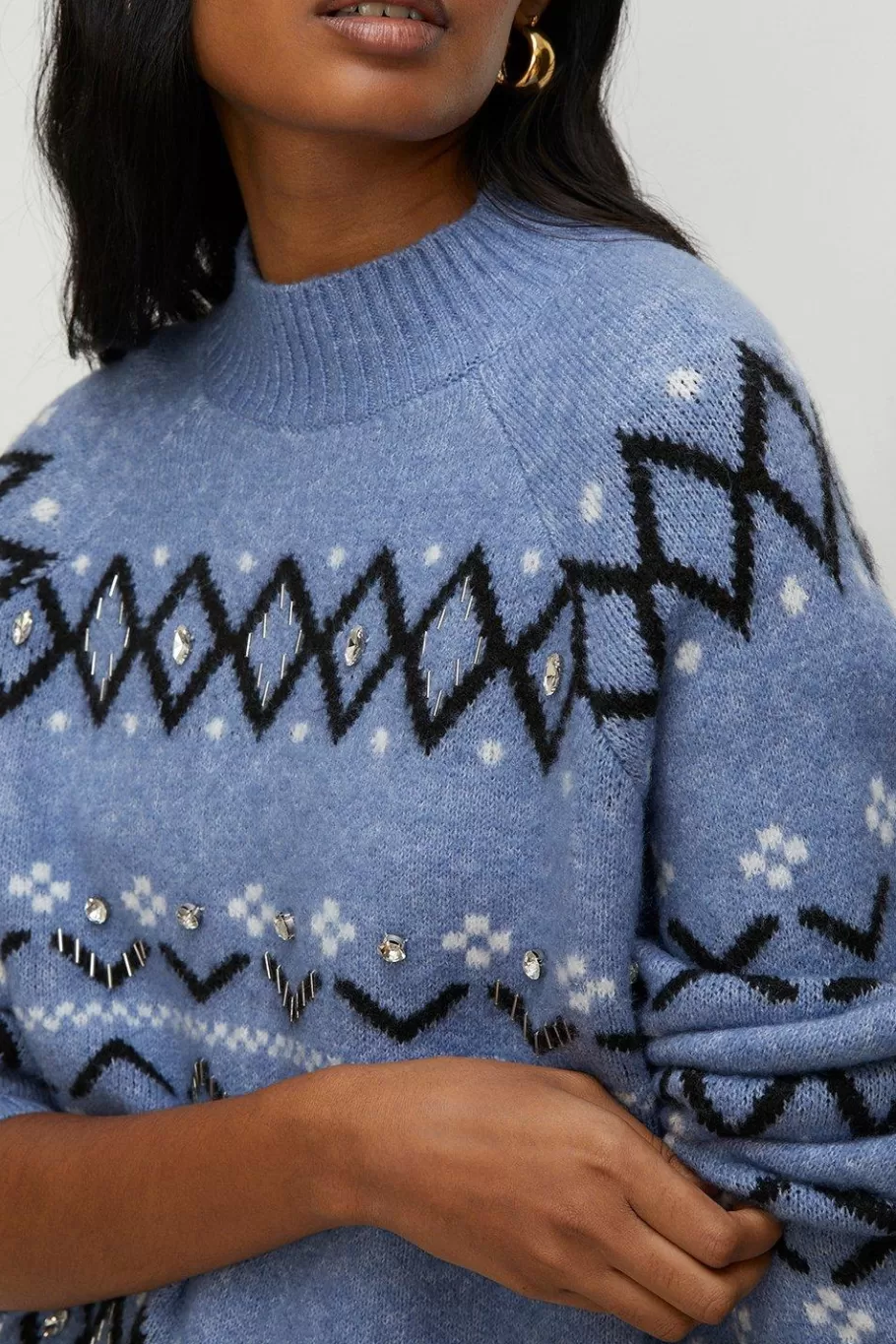 Oasis Embellished Fairisle Jumper Blue Cheap