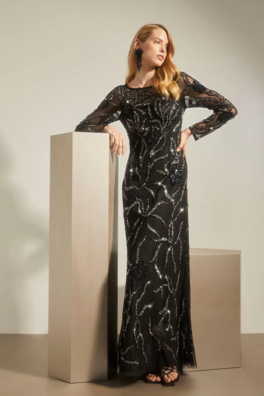 Oasis Embellished Floral Sheer Column Midi Dress Black Sale