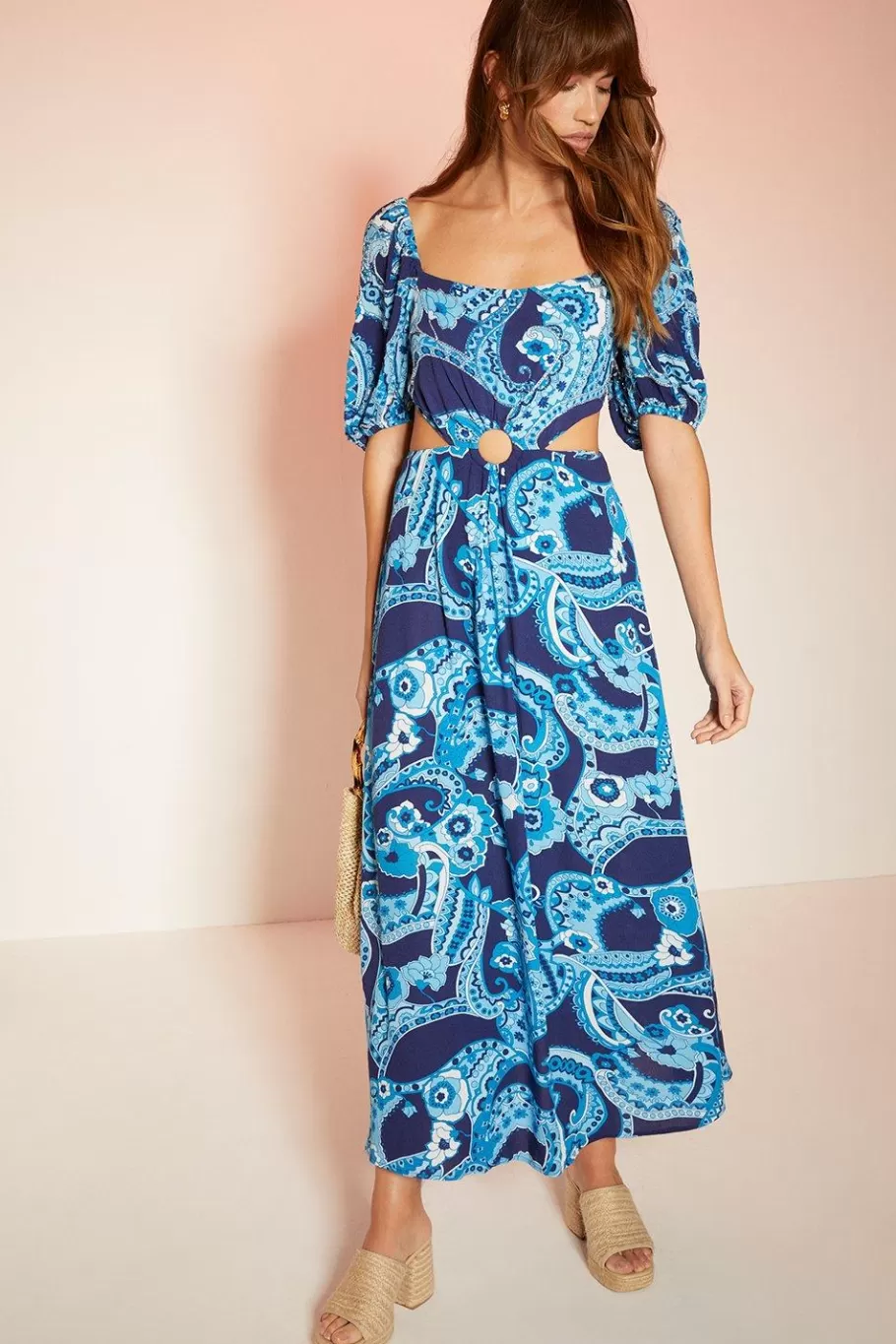 Oasis Embellished Paisley Floral Cut Out Midi Dress Blue Discount