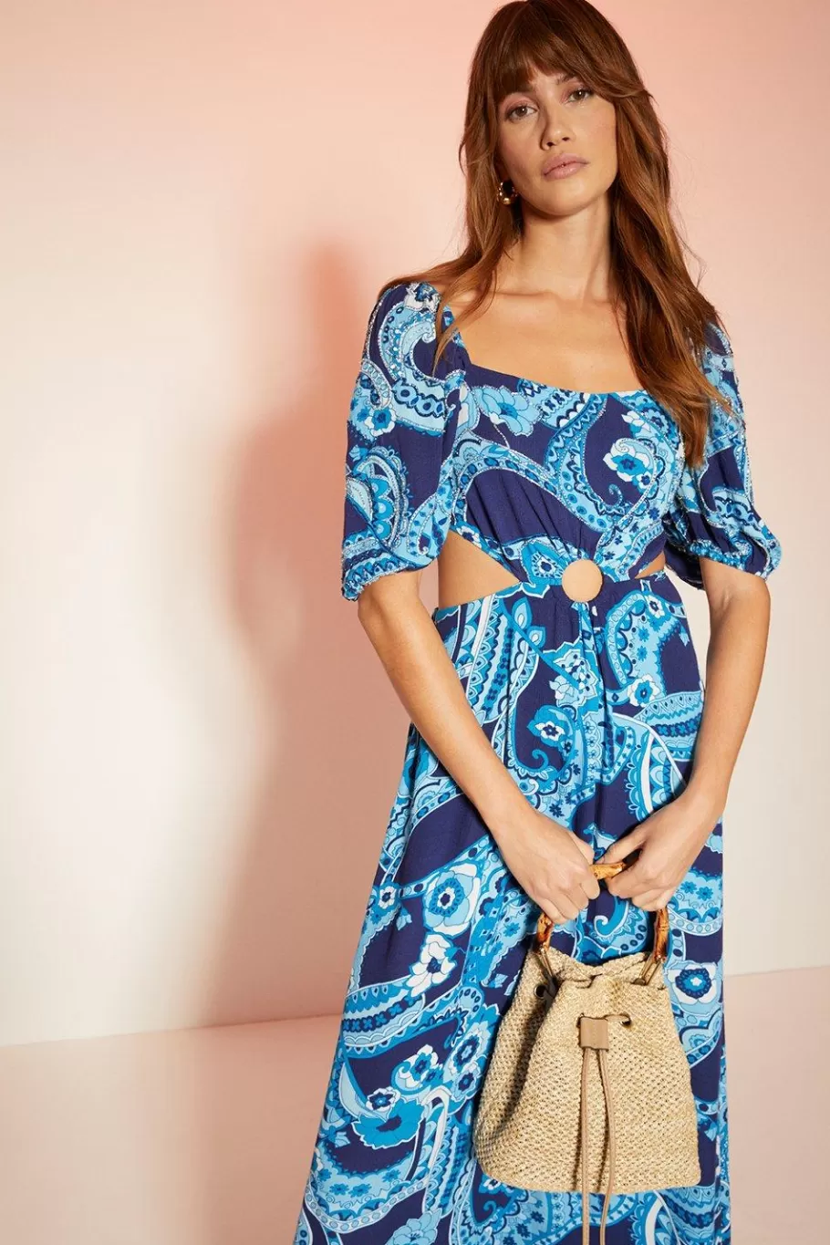 Oasis Embellished Paisley Floral Cut Out Midi Dress Blue Discount