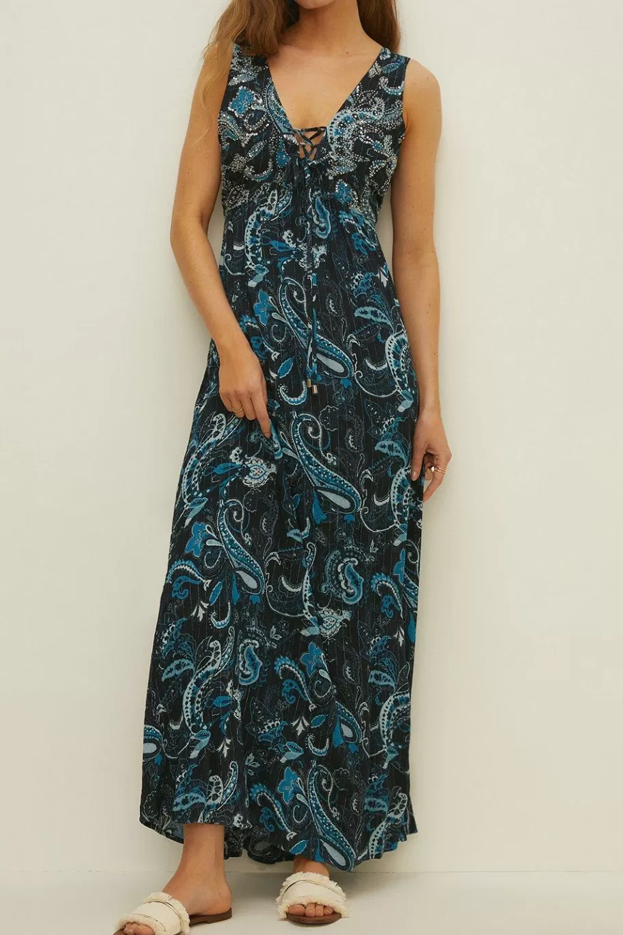 Oasis Embellished Paisley Lattice Maxi Dress Navy Cheap