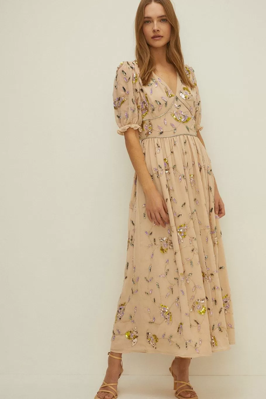 Oasis Embellished Pretty Floral V Neck Maxi Dress Nude Outlet