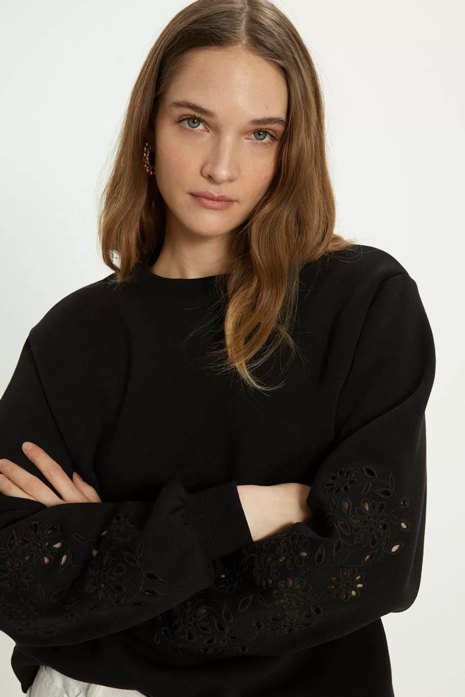 Oasis Embroidered Broderie Sleeve Sweatshirt Black Fashion